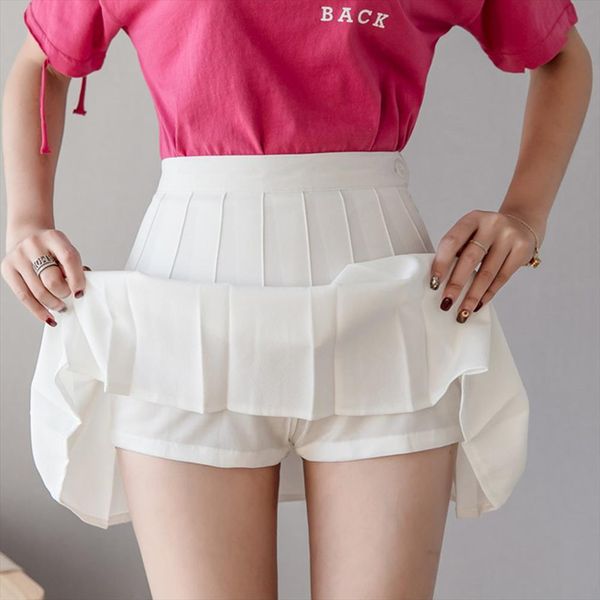 

fashion high waist summer tennis womens skirt pleated pure color a line mini vestidos with anti exposure shorts, Black