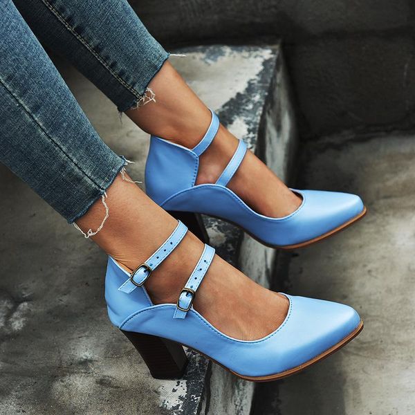 

women sandals wedding party banquet pu buckle strap 6-8cm thick high heels pointed toe zapatos de mujer shoes size 35-42, Black