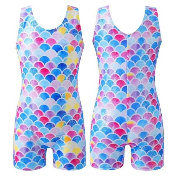 

one-pieces 3-13 years sleeveless shiny shell pattern leotards for girls gymnastics costume biketard ballet dance leotard kids swimsuit, Black