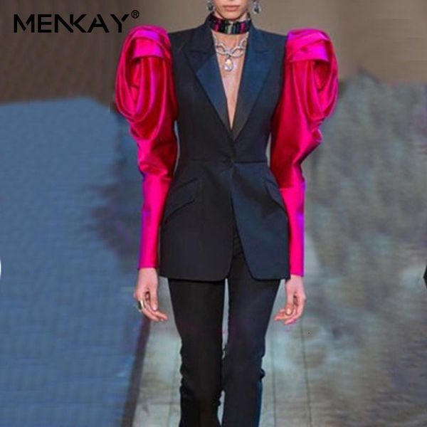 

women's suits & blazers [menkay]2021 fashion blazer women rose sleeve suit cardigan button slim short coat jacket female autumn and win, White;black