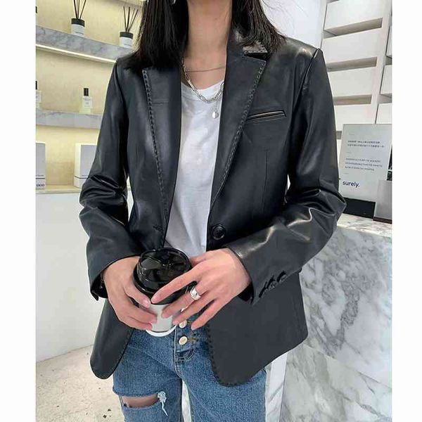 

ol war robe high-grade jin mouth sheep skin suit women's slim leather coat is good to match with fashion, Black