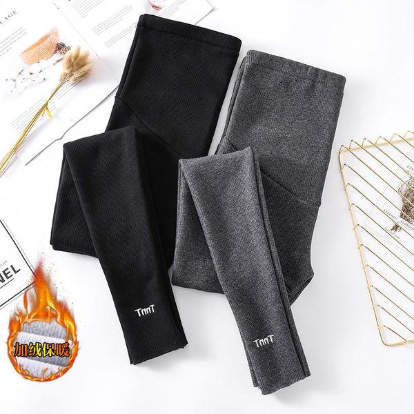 

winter pregnant women velvet pants high waist stretched maternity leggings skinny pencil pregnancy knitting trousers bottoms, White