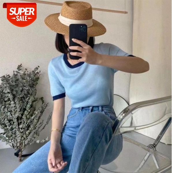 

all-match blouse hit color round neck short-sleeved knit bottoming shirt t-shirt multicolor #9896, Black;gray