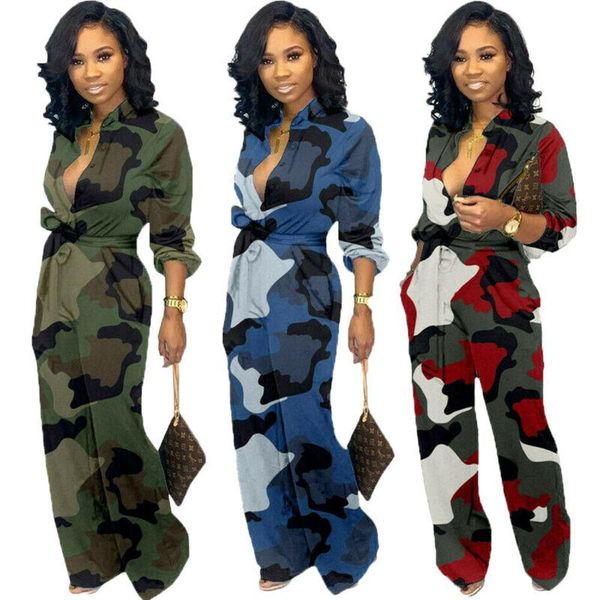 

women's jumpsuits & rompers women camouflage long sleeve casual jumpsuit button-up pocket belt loose romper, Black;white