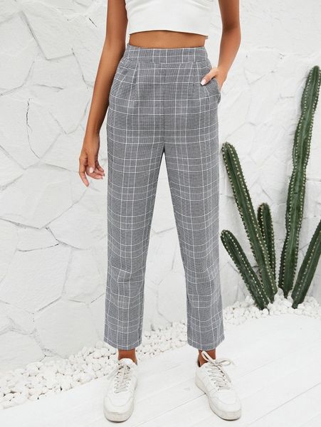 

glen plaid high waist slant pocket pants a1tu#, Black;white