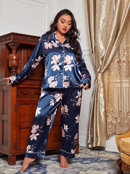 

plus floral print contrast piping satin pj set 33is#, Black;white