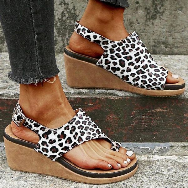 

summer fashion trend sandals pu leather leopard ring toe platform wedges heel back strap beach vacation casual shoes ladies 2021, Black