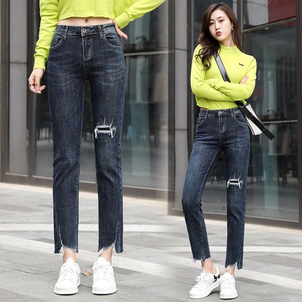 

women's jeans ripped denim burrs pants female high waist woman plus large size boyfriend for clothing 2021 trouser d0307, Blue