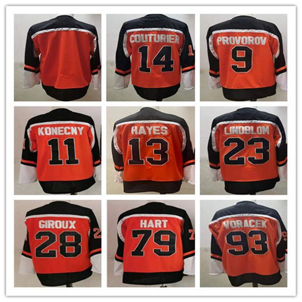 

reverse retro hockey jersey 28 claude giroux 9 ivan provorov 11 travis konecny 13 kevin hayes 14 sean couturier 23 oskar lindblom 79 carter, Black;red