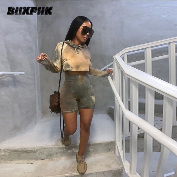 

women's tracksuits biikpiik women tie dye casual two piece set hoodied biker shorts female sporty activewear lounge wear tracksuit, Gray