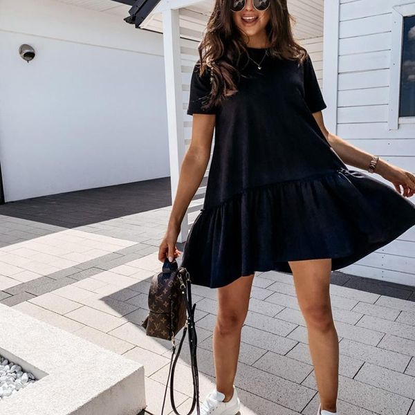 

casual dresses summer o neck solid color black dress women short sleeve loose a-line female party office vestidos 2021, Black;gray
