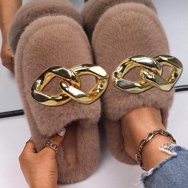 

slippers women's fluffy faux fur chain decor floor slides plush fleece flats for couple shoes black lady mules indoor home