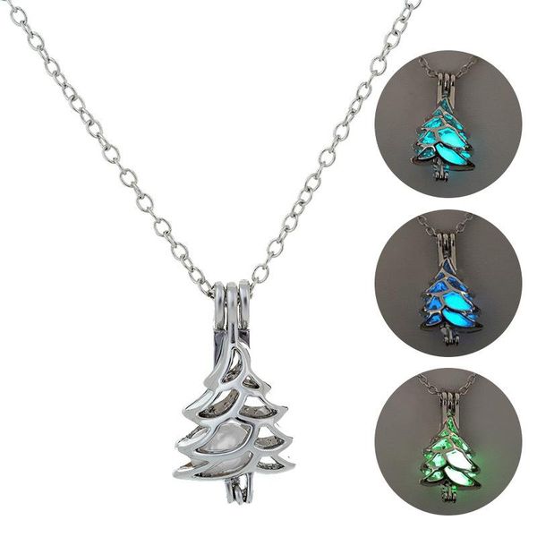 

chains jewelry with silver color christmas tree shaped locket glow in the dark pendant necklace for men women