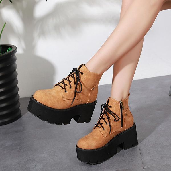 

boots 2021gothic punk winter womens shoes chunky high heels brown black lace up platform biker ankle combat for women yma441