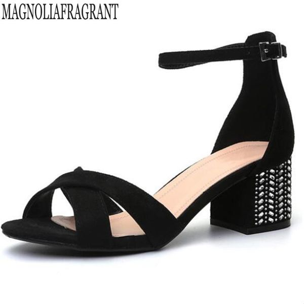 

thick heel summer high heels crystal sandals cross belt rhinestone women shoes 2021 fashion hy84, Black
