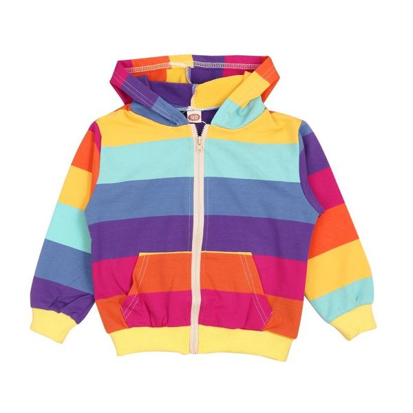 

jackets toddler baby girls boys coat multicolor stripe printing long sleeves blouse rainbow hooded sweatshirt zipper outerwear, Blue;gray