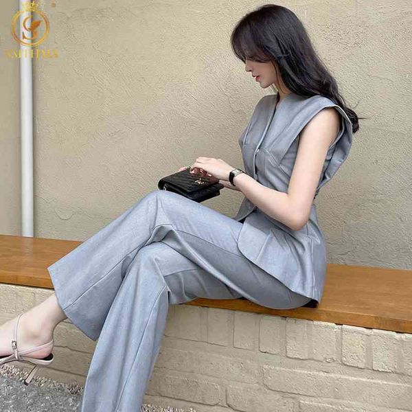 

fashion summer 2 piece set elegant office lady sleeveless slim blouse+ ol work long pants suit female with belt 210520, White