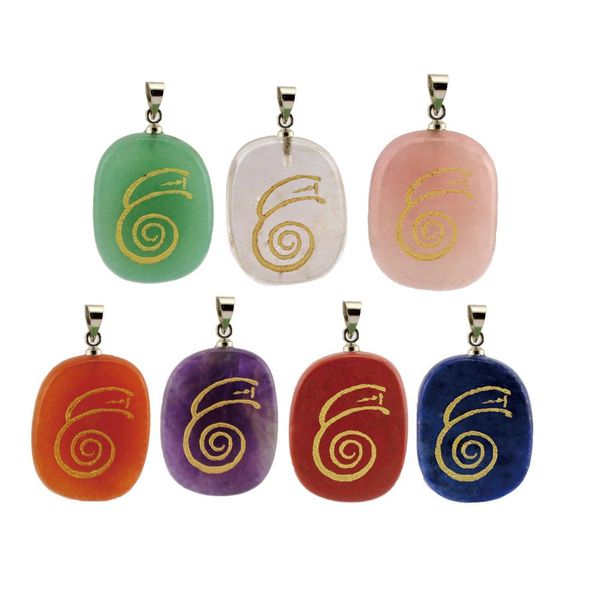 

natural gemstone 7-color chakras oval pendant engrave japanese dai ko myo reiki symbol religion meditation jewelry amethyst white crystal en, Silver