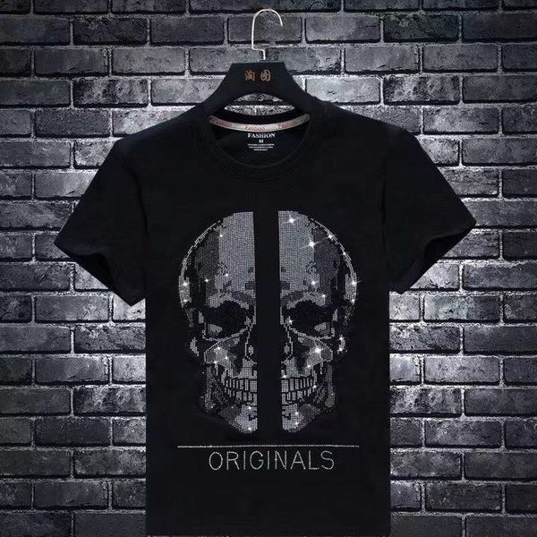 

summer men tshirt skull rhinestones with diamond t shirts man designer cotton black luxe tees print fashion o neck skeletone letters beads s, White;black