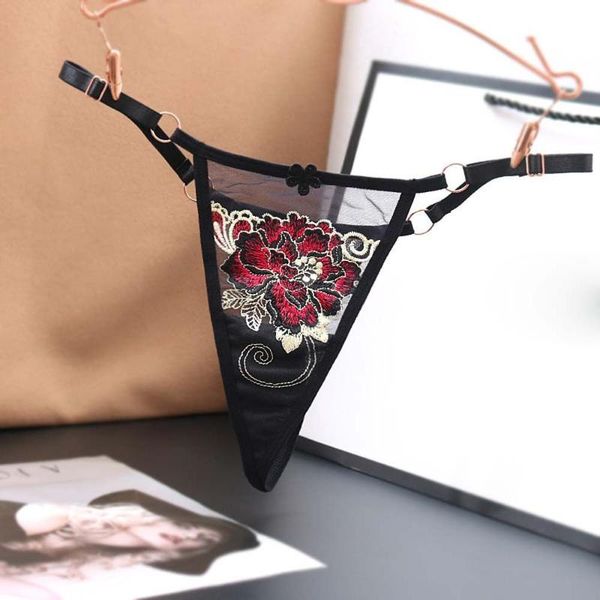 

women's panties lace embroidery adjustable european and american transparent thin belt thong women butterfly flower underwear, Black;pink