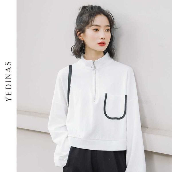 

yedinas casual cropped hoodie for women long sleeve turn-down collar cotton zipper sweatshirts crop autumn korean 210527, Black