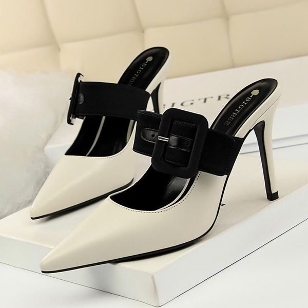 

slippers bigtree shoes woman high heel klapki damskie na lato fashion concise zapatos de mujer shallow pointed toe women slides, Black