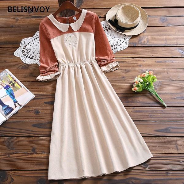 

autumn winter women prairie chic dress embroidery corduroy midi femme girls elegant vintage sweet dresses vestidos casual, Black;gray