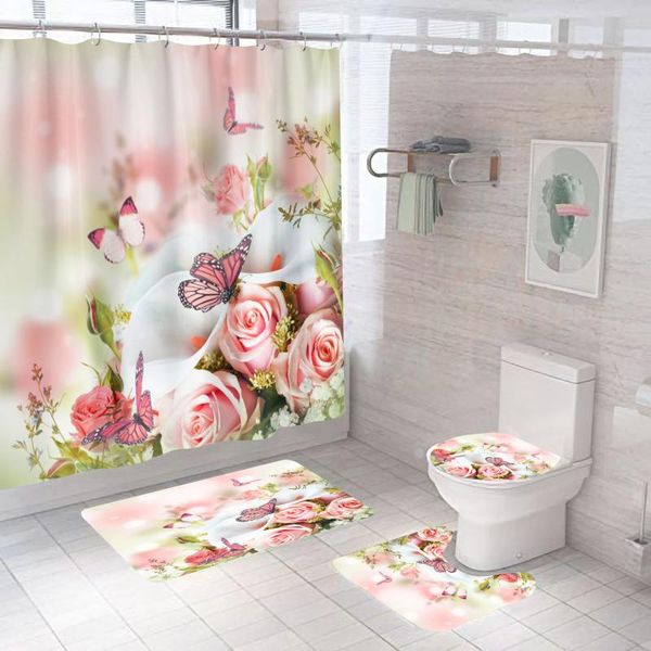 

shower curtains pink flower butterfly curtain bathroom set fashion pattern bath rose non slip toilet cover floor mat rug sets
