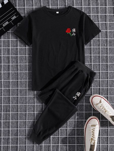 

men rose & japanese letter graphic tee & sweatpants t7wq#, Gray