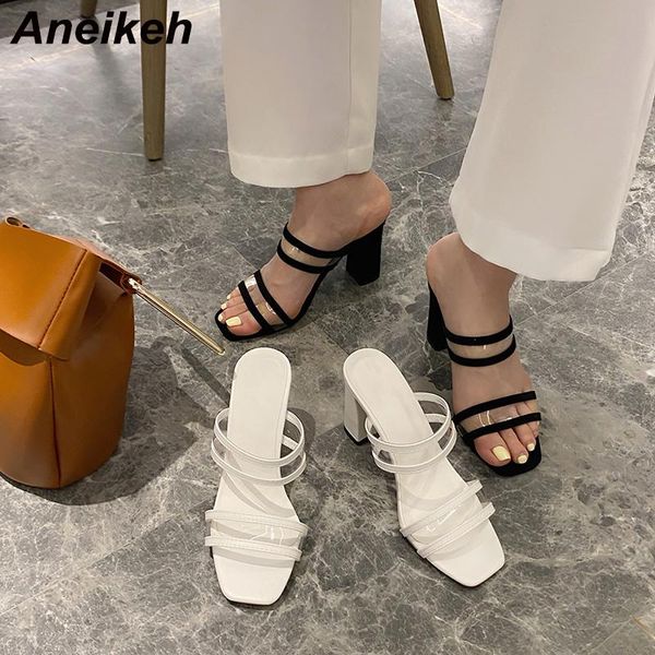 

aneikeh 2021 summer fashion women's shoes transparent pvc open toe square high heels slip-on ladies outside slippers, Black