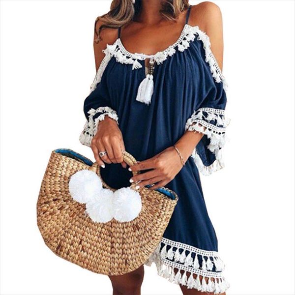 

boho plus size 5xl womens dresses summer loose beach sundress backless short sleeve tassel lace women party g2465, Black;gray