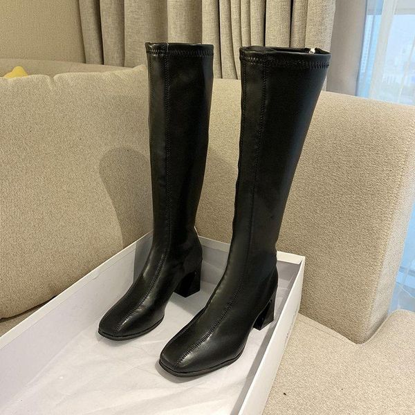 

boots women chunky knee high fashion zipper leather long woman heels drop, Black