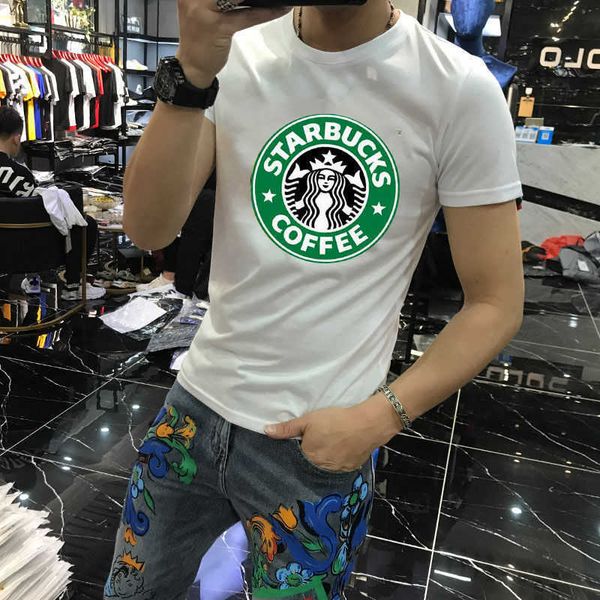 

w2029 / 2930 autumn new heavy industry printed sweater men's trendy slim trend short sleeve t-shirt, White;black