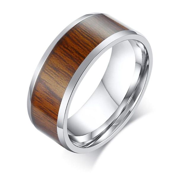 

charming 8mm cool man's red wood ring for man stainless steel men's fashion high polished men jewelry wholesale wedding rings, Slivery;golden