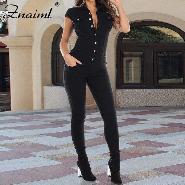

znaiml casual streetwear skinny short sleeve button denim jumpsuit women black color slim high waist street trend pencil romper women's, Black;white