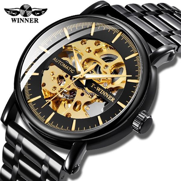 

winner men golden skeleton mechanical watch black stainless steel luminous hands automatic mens watches relogio masculino wristwatches, Slivery;brown
