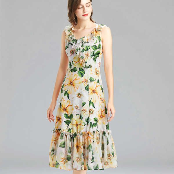 

runway summer fashion women v-neck sleeveless flower print ruffles bodycon mermaid party dress female vestidos 210526, Black;gray