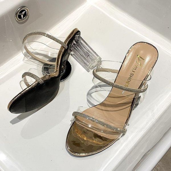 

shoes woman's slippers glitter slides big size heeled mules 2021 jelly high summer crystal rome pvc basic pu fabric rubber, Black