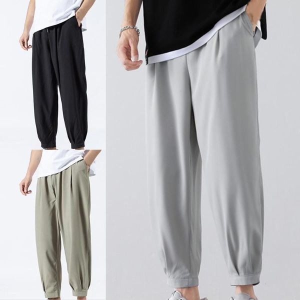 

men's pants 2021 summer solid color men ankle-length smooth wide leg ankle tied oversize sweatpants comfortable plus large size, Black