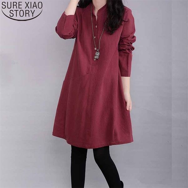 

casual dress for women spring cotton linen a-line loose solid button long sleeve es robe femme 12676 210506, Black;gray
