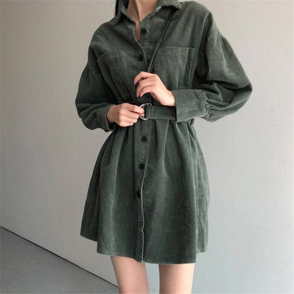 

retro green solid corduroy thicken 2021 korean plus size sashes stylish chic office lady streetwear high waist dresses casual, Black;gray
