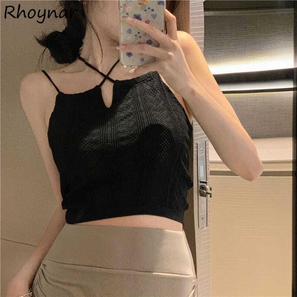 

women's tanks & camis women solid crop hollow out halter design summer korean style basic clothes lovely candy colors slim vintage, White