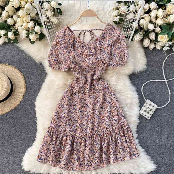 Moda coreana do vestido de verão das mulheres Ruffles O-pescoço manga curta Floral Impressão A linha Chiffon Casual 210603