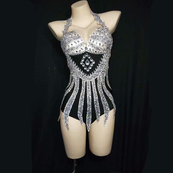 

casual dresses flashing silver rhinestone dress fringe gloves outfit women dancer prom crystal bodysuit party night singer show costume, Black;gray