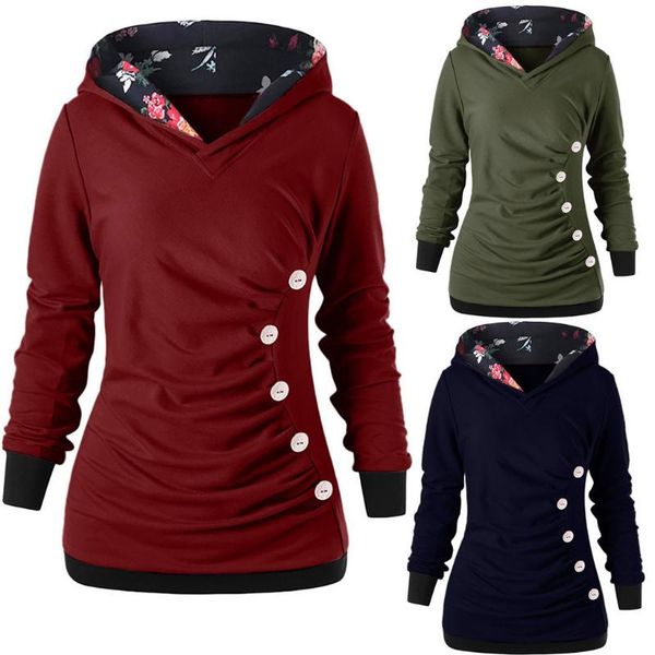 

#r40 women long sleeve hoodie button solid color hoodies sweatshirts autumn winter casual with hoody sudadera mujer women's &, Black