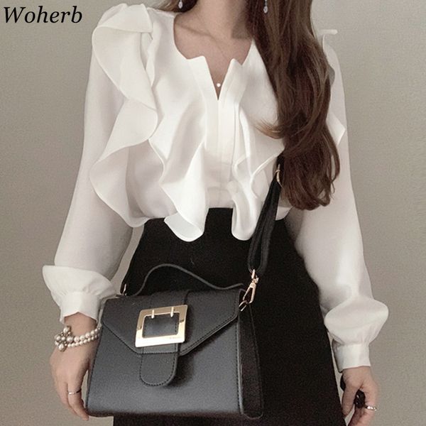 

spring new ruffle blouse shirt causal v-neck puff long sleeve women korean chic fashion blusas feminimos 210417, White