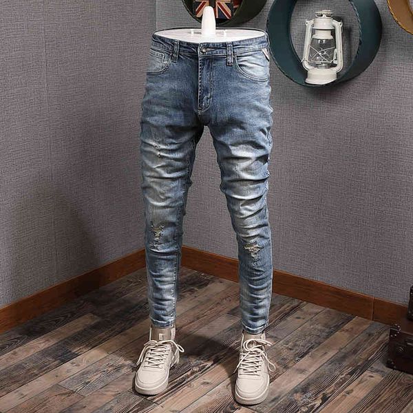 

jeans korean style fashion men jeans retro blue elastic slim fit ripped denim pencil pants hombre vintage designer casual trousers