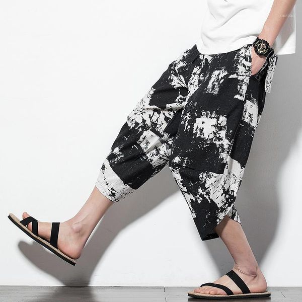 

mens harem pants summer male casual calf-length 2021 solid big pocket baggy trousers men's, Black