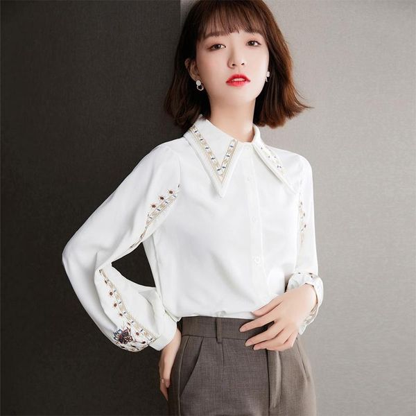 

women's blouses & shirts vintage white embroidered shirt chiffon long sleeve 2021 spring womens and blusas