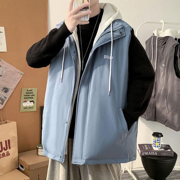 

men's vests vest korean casual jacket fashion loose down streetwear cotton fake two-piece hooded, Black;white